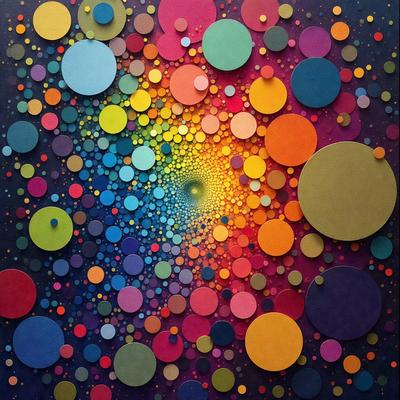 The primary subject of the image is a colorful, abstract artwork featuring a variety of circles in different colors. The setting is a black background, which contrasts with the vibrant colors of the circles. The visual style is a combination of digital art and illustration, creating a unique and eye-catching pattern. The dominant colors in the artwork are a mix of bright and bold hues, giving the overall atmosphere a lively and energetic feel.